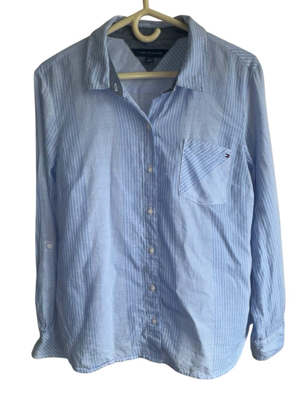 TOMMY HILFIGER Women’s Blue Striped Button Front Long Sleeve Cotton Casual Sz L